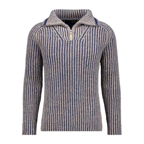 RAGMAN PULL rayé COL CHEMINE  GRANDE LONGUEUR Marine Beige